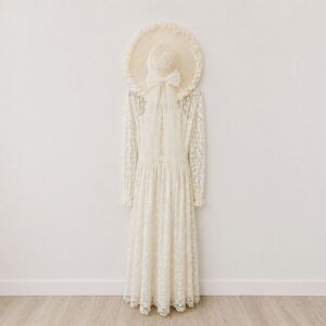Vintage Lace Wedding Dress Set Sheer Slip Dress Hat Veil Beaded Boho Bridal XS